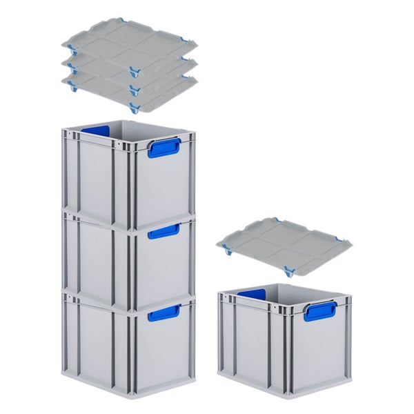 PROREGAL Spar Set 4x Eurobox Nextgen Color Mit Auflagedeckel & Schiebeschnappverschlüsse HxBxT 32 x 30 x 40 cm Griffe Blau Geschlossen Glatter Boden