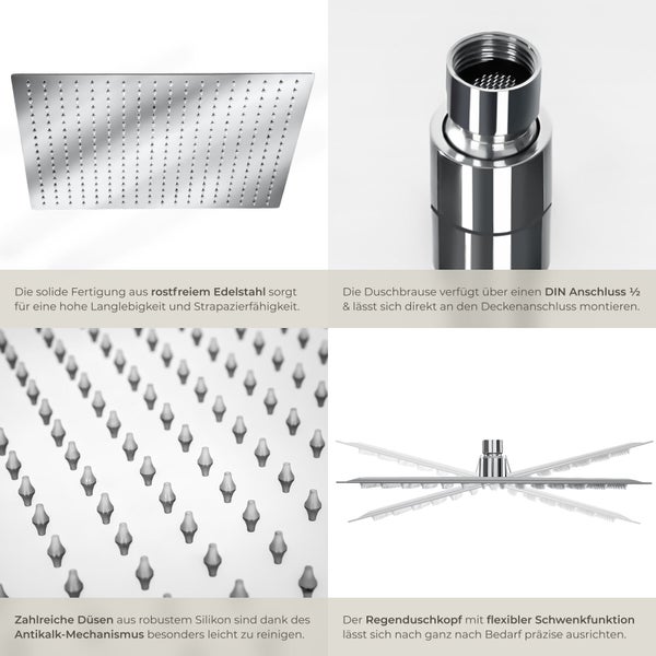 Quadratischer Regenduschkopf aus Edelstahl mit Silikondüsen, Schwenkfunktion und einem genormten Anschluss in verschiedenen Detailansichten.