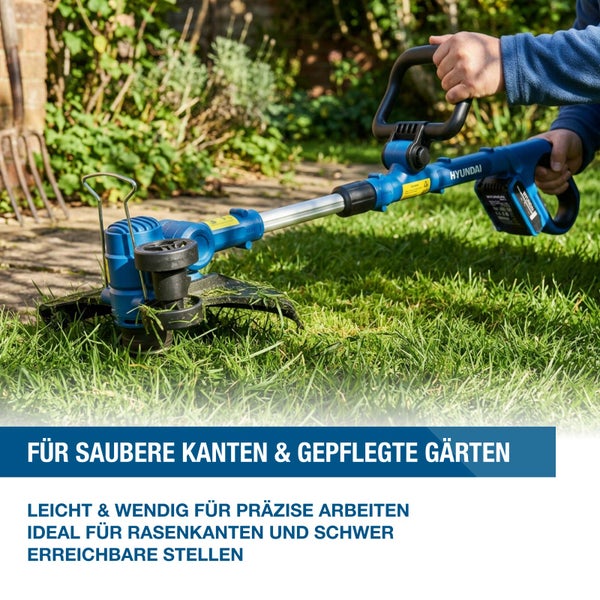 Heller Garten mit einem batteriebetriebenen Hyundai Rasentrimmer beim Schneiden von Rasenkanten. Der Trimmer hat einen Teleskopstiel.