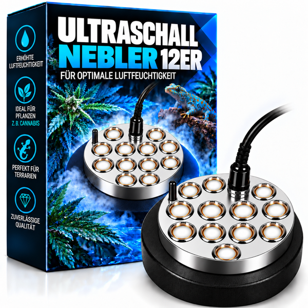 Ultraschall Nebler mit 12 Membranen zur Steigerung der Luftfeuchtigkeit in Terrarien und für Pflanzen wie Cannabis in der Verkaufsverpackung.
