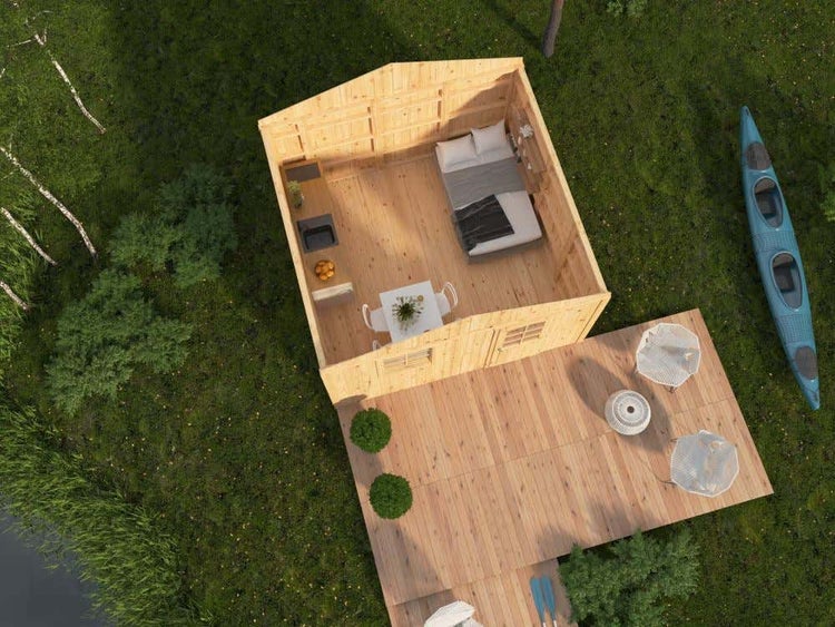 Gartenhaus aus Holz mit Terrasse aus der Vogelperspektive, eingerichtet mit Bett, kleiner Küche und Essbereich sowie Gartenmöbeln.