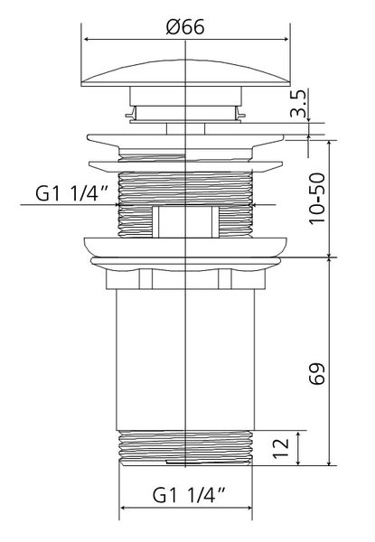 Maßzeichnung eines Waschtisch Ablaufventils mit Durchmesser 66 Millimeter und G 1 1/4 Zoll Gewinde.