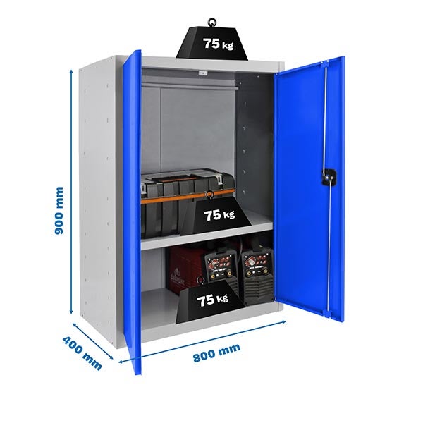 Werkstattschrank mit zwei blauen Türen, zwei Regalen und den Maßangaben 900 mm Höhe, 800 mm Breite und 400 mm Tiefe.