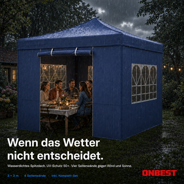 Blauer Pavillon mit Seitenwänden und Fenstern. Detailansicht des verstärkten, pulverbeschichteten Stahlgestells. ONBEST Logo.