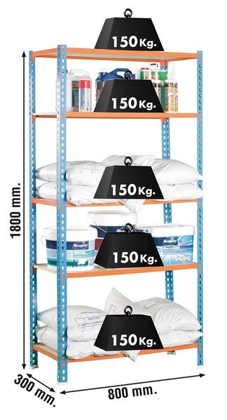 PROREGAL Schwerlastregal Muli HxBxT 180 x 80 x 30 cm 5 Fachböden Fachlast 150 kg Blau-Orange