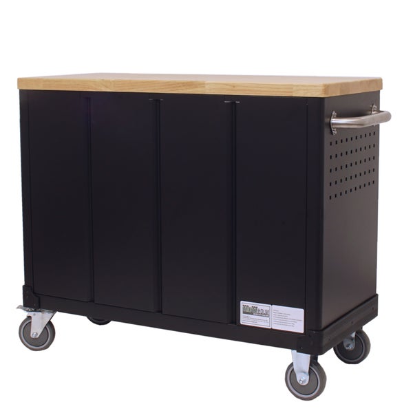 Werkstattwagen Trutzholm aus Metall mit massiver Holzplatte und vier Rollen.