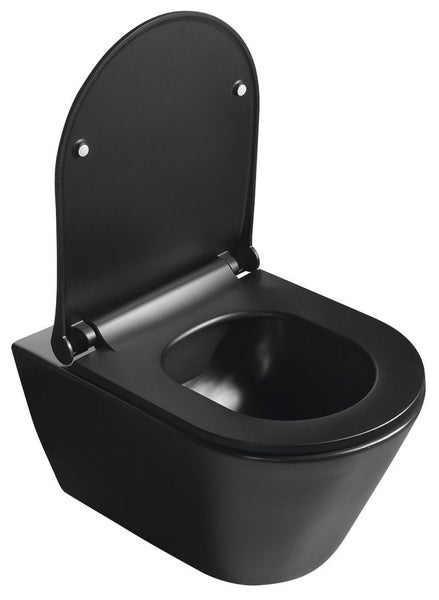 Schwarze matte Wandtoilette mit geöffnetem Toilettensitz und Deckel.
