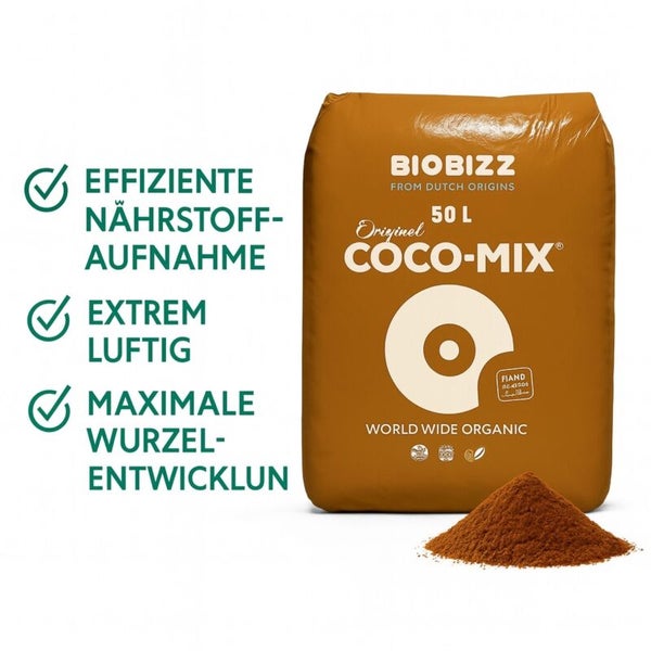 Biobizz Coco-Mix, 50 Liter Sack, organisches Kokossubstrat für effiziente Nährstoffaufnahme, Luftdurchlässigkeit und Wurzelentwicklung.