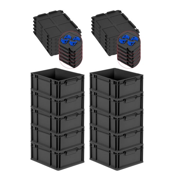 PROREGAL SuperSparSet 10x Eurobox NextGen Grip mit Auflagedeckel inkl. 4 blauen Schiebeschnappverschlüssen, HxBxT 17x30x40cm, 16 Liter, Schwarz, Griffe geschlossen, Eurobehälter, Transportbox, Transportbehälter, Stapelbehälter