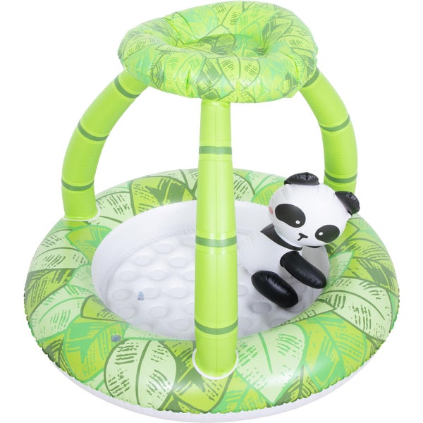 Aufblasbares Baby-Planschbecken mit Sonnendach im Blattdesign und integrierter Pandabär-Figur.