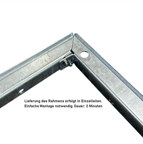 Eckverbindung eines verzinkten Metallrahmens, der in Einzelteilen geliefert wird und eine Montagezeit von zwei Minuten erfordert.