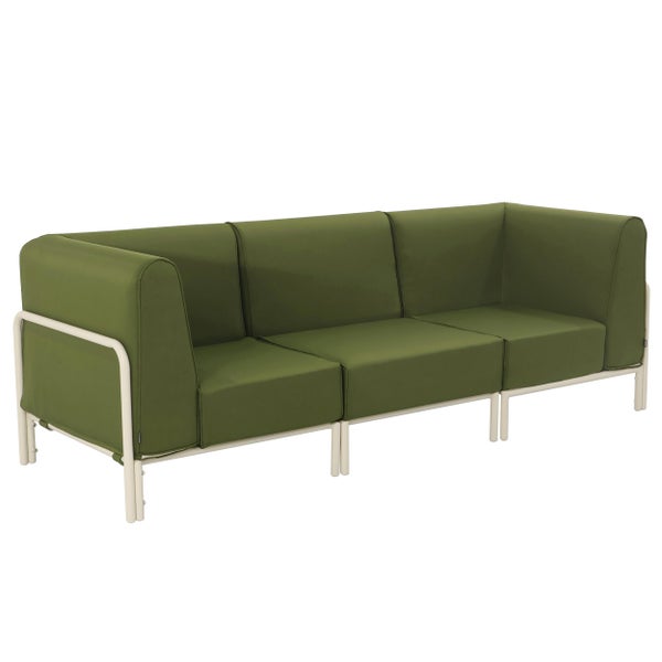 Dreisitzer Lounge-Sofa mit grünen Polstern und weißem Metallgestell.