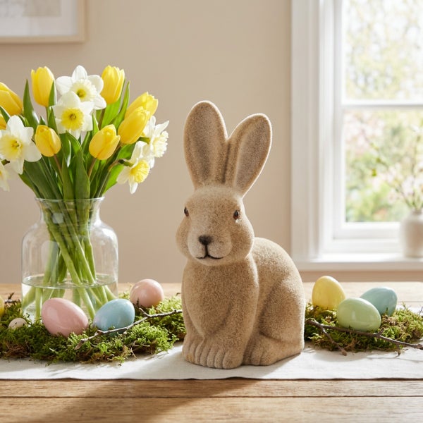 Osterdekoration mit beflockter Osterhasen Figur, Glasvase mit Narzissen und Tulpen sowie bunt bemalten Ostereiern auf Moosunterlage.