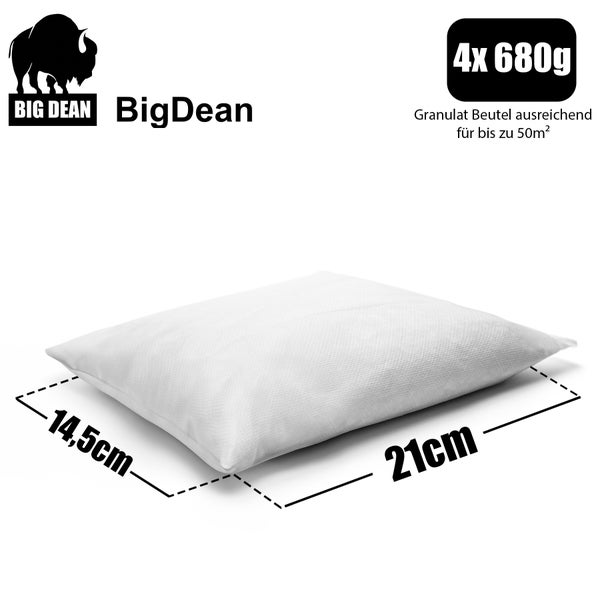 BigDean Luftentfeuchter Granulatbeutel, 4er Set, je 680 Gramm, Maße 21 mal 14,5 Zentimeter, ausreichend für bis zu 50 Quadratmeter.