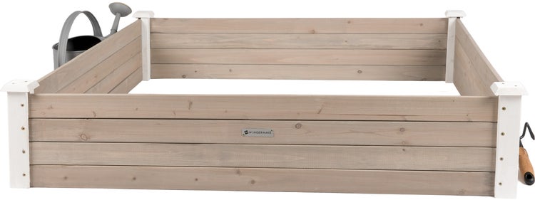 WONDERMAKE - Große Hochbeet-Umrandung aus Holz für Garten Terrasse, Pflanzbeet Bausatz XL quadratisch, Blumenbeet Kräuterbeet Beetumrandung niedrig deko, 120 x 120 x 26,5 cm, weiß grau anthrazit