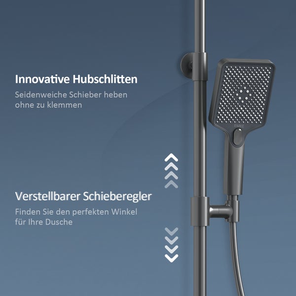 EMKE Duschsystem mit Thermostat 38 °C, 3 Strahlart(en), Überkopfbrause, Handbrause mit 3 Funktionen, unterer Wasserauslass, Verbrühungsschutz, Wandmontage, 114,6 × 45 × 48 cm, Anthrazit Matt