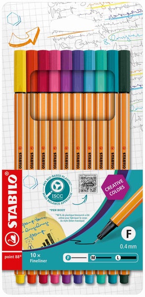 Stabilo Fineliner point 88 im Zehnerpack mit einer Strichstärke von null Komma vier Millimeter.