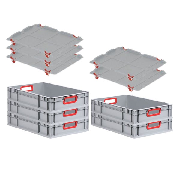 PROREGAL Spar Set 5x Eurobox Nextgen Color Mit Auflagedeckel & Schiebeschnappverschlüsse HxBxT 12 x 40 x 60 cm Griffe Rot Offen Glatter Boden