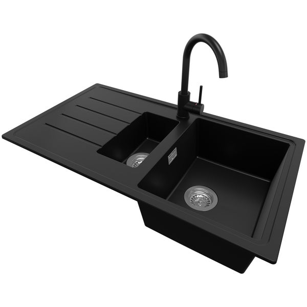 PRIMAGRAN Granitspüle Schwarz 90x50cm, Spülbecken 1,5 Becken + Küchenarmatur 32x20cm + Ablauf-Set, Küchenspüle ab 60er Unterschrank - Kopenhagen Duo