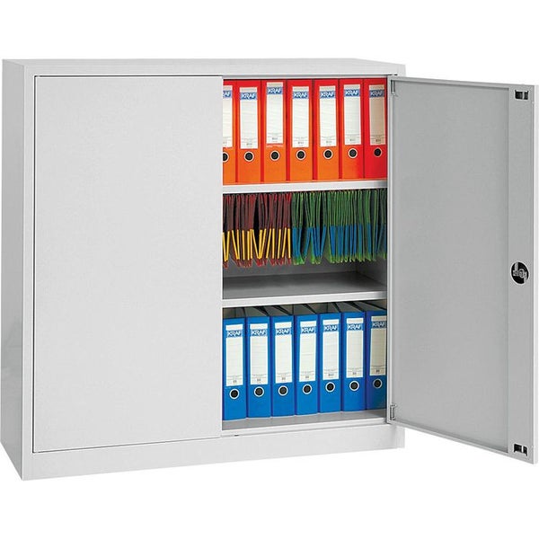 PROREGAL Flügeltürenschrank Badger 2 Fachböden Eurolock Griff Sockel HxBxT 120 x 92 x 42 cm Grau Lackiert
