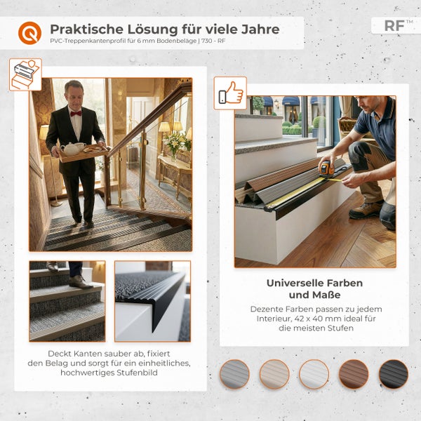 PVC-Treppenkantenprofil für 6 Millimeter Bodenbeläge, gezeigt im Einsatz auf Treppenstufen und bei der Montage durch einen Handwerker.