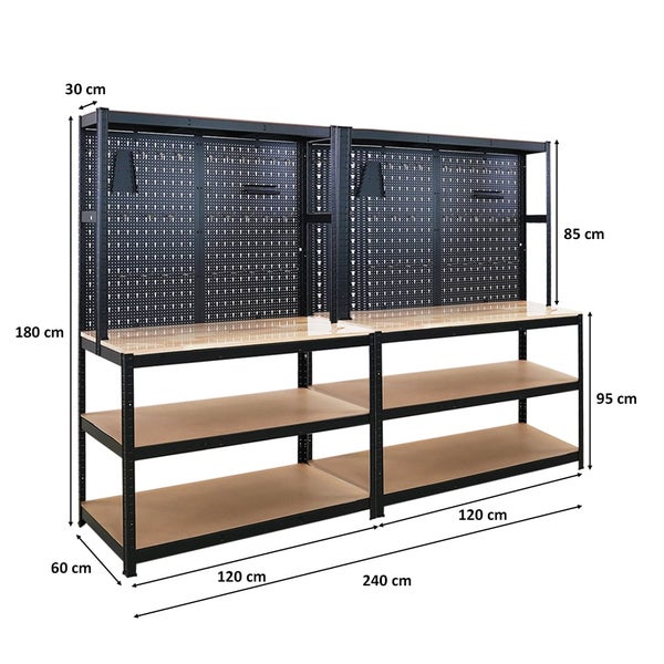 PROREGAL Mega Deal 2x Profi Werkbank GIANT BEAST mit Lochwand HxBxT 180x120x60cm Fachlast 175kg inkl. Werkzeughalter Set Schwarz Arbeitstisch