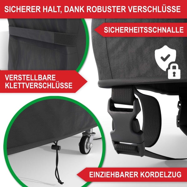 Produktdetails einer Schutzhülle mit verstellbaren Klettverschlüssen, einer Sicherheitsschnalle und einem einziehbaren Kordelzug für sicheren Halt.