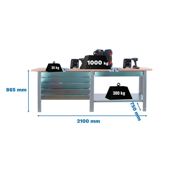 Werkbank BUFFALO WOOD mit 6x Schublade| HxBxT 86,5x210x75cm | Traglast 1000kg | Grau
