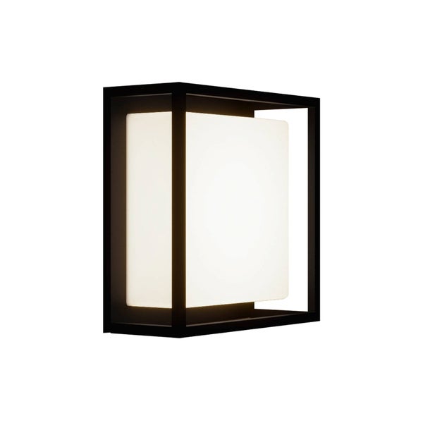 Moderne Außenwandleuchte mit schwarzem rechteckigem Metallrahmen und quadratischem weißem Lichtkörper.