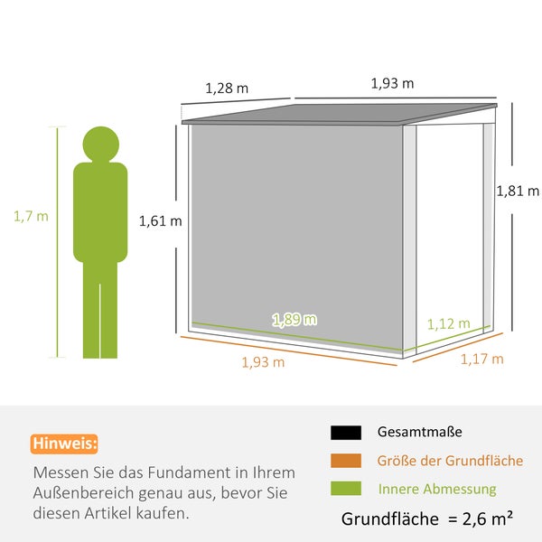 Outsunny Metall Gerätehaus 2,6m² 128x193x181cm Geräteschuppen mit Pultdach Fenster Abschließbarer Tür wetterfest Gartenhaus Outdoor Garten Schuppen für Hinterhof Außenbereich Dunkelgrau