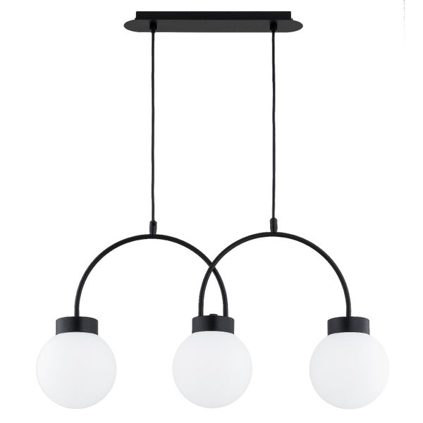 Moderne Hängeleuchte mit drei kugelförmigen Glasschirmen an gebogenen Metallarmen für ein elegantes Wohnzimmerdesign.