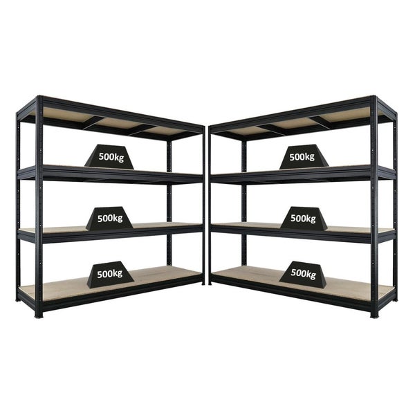 Zwei schwarze Schwerlastregale mit jeweils vier Ebenen und einer Traglast von 500 kg.
