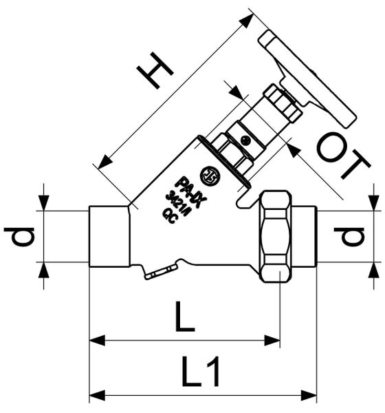 Maßzeichnung eines Schrägsitzventils mit den Maßen d, H, OT, L und L1.