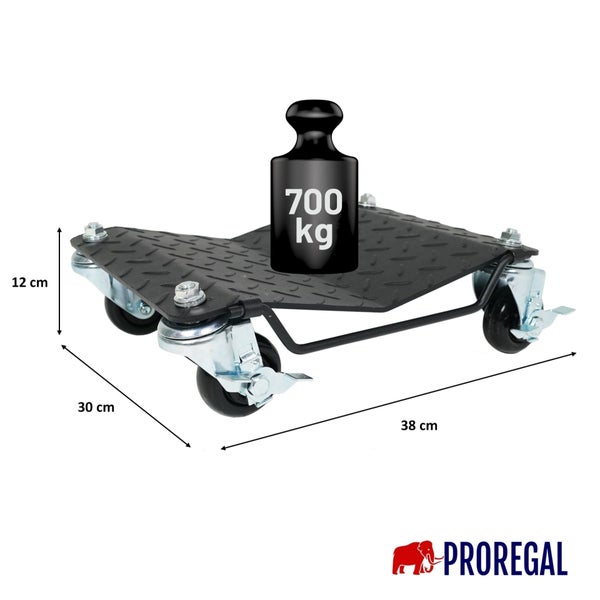 Möbelroller aus Metall mit Riffelblech, Tragkraft 700 Kilogramm, Maße 38 Zentimeter mal 30 Zentimeter mal 12 Zentimeter, Proregal Logo.