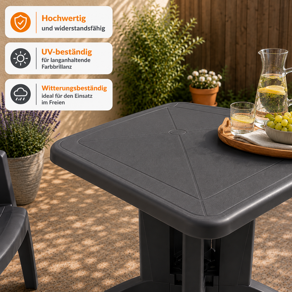 Quadratischer Gartentisch aus Kunststoff für den Außenbereich, hochwertig, UV-beständig und witterungsbeständig.