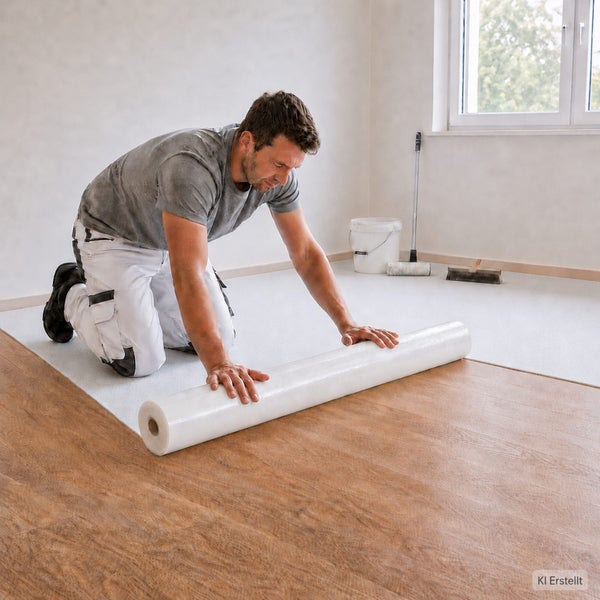 Handwerker rollt eine Trittschalldämmung auf einem Holzboden aus, um diesen für die Verlegung eines Bodenbelags vorzubereiten.