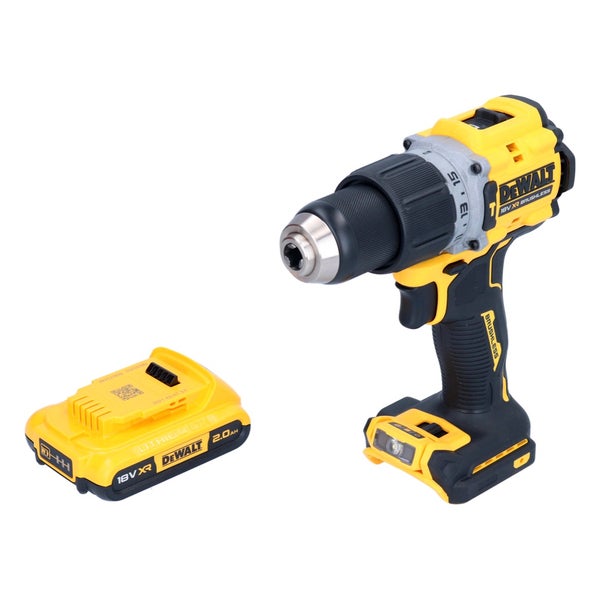 DeWalt Akku-Bohrschrauber 18 Volt XR Brushless mit 2.0 Amperestunden Lithium-Ionen-Akku, gelb und schwarz.