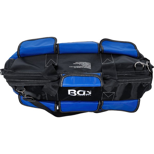 BGS technic Werkzeugtasche, blau und schwarz, mit mehreren Außentaschen, Reißverschluss und Schultergurt.