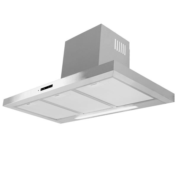 Dunstabzugshaube aus Edelstahl mit drei Metallfettfiltern, integrierter Beleuchtung und digitalem Bedienfeld.