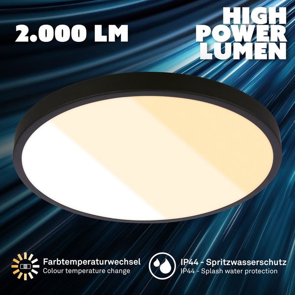 Runde LED Deckenleuchte mit 2000 Lumen, einstellbarer Farbtemperatur und Schutzart IP44 fuer Spritzwasserschutz.