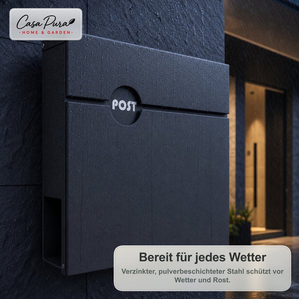 Wetterfester Briefkasten aus verzinktem und pulverbeschichtetem Stahl montiert an einer Hauswand von Casa Pura.