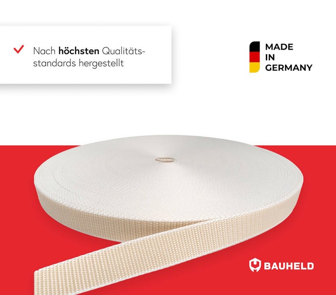 Rolle Gurtband, hergestellt nach höchsten Qualitätsstandards, Made in Germany, Bauheld Logo
