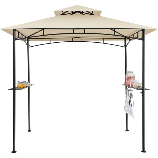 Beiger Grillpavillon mit schwarzem Stahlgestell, belüftetem Doppeldach und zwei praktischen Seitenablagen für Grillzubehör.