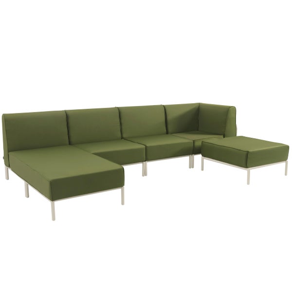 Modulares Garten-Lounge-Set bestehend aus Ecksofa mit Recamiere und separatem Hocker, mit grünen Polstern und weißem Metallgestell.