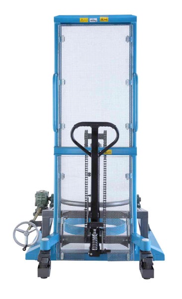 Blauer Industrie-Fassheber mit Schutzgitter aus Metall, schwarzem Griff und einer Tragkraft von 400 Kilogramm.