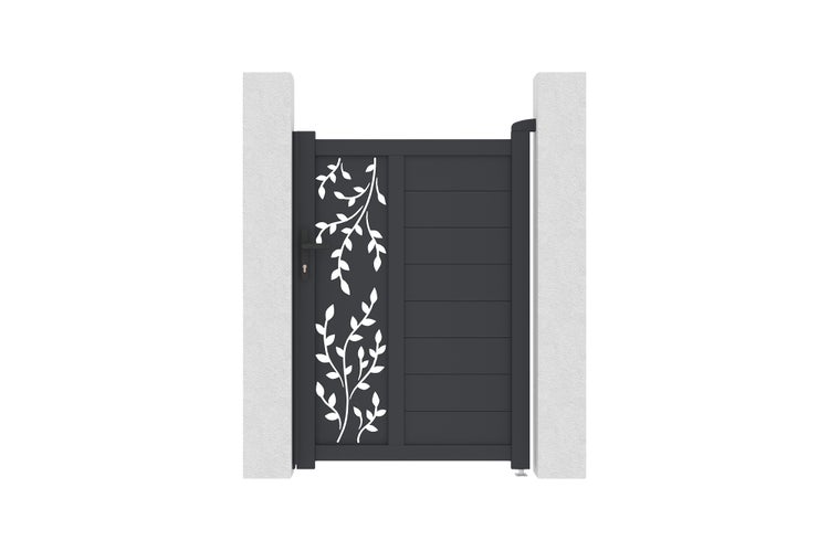 Modernes Gartentor aus Aluminium in Anthrazit mit dekorativem Blättermotiv und horizontalen Lamellen zwischen zwei Pfosten.