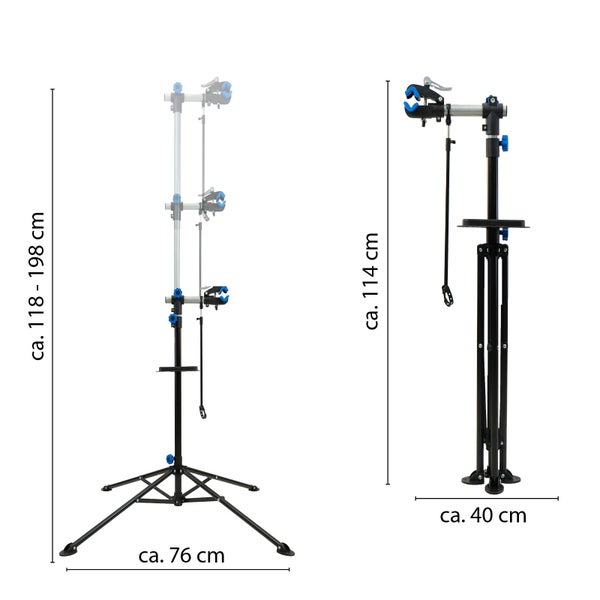 Fahrrad Montageständer mit verstellbarer Arbeitshöhe von circa 118 bis 198 Zentimeter und Ablagefläche.