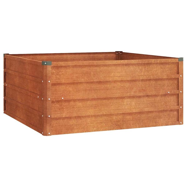 Quadratisches Hochbeet aus verzinktem Stahl in Holzoptik.