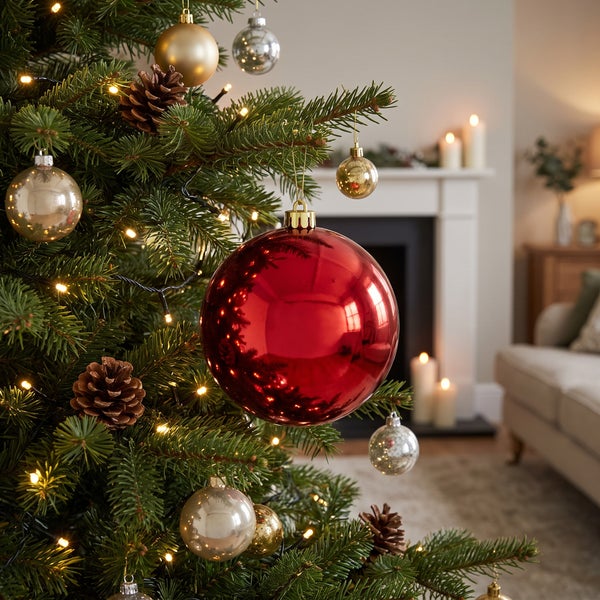 Weihnachtsbaum mit glänzenden Christbaumkugeln und Tannenzapfen in einer gemütlichen Wohnzimmerumgebung mit Kamin im Hintergrund.