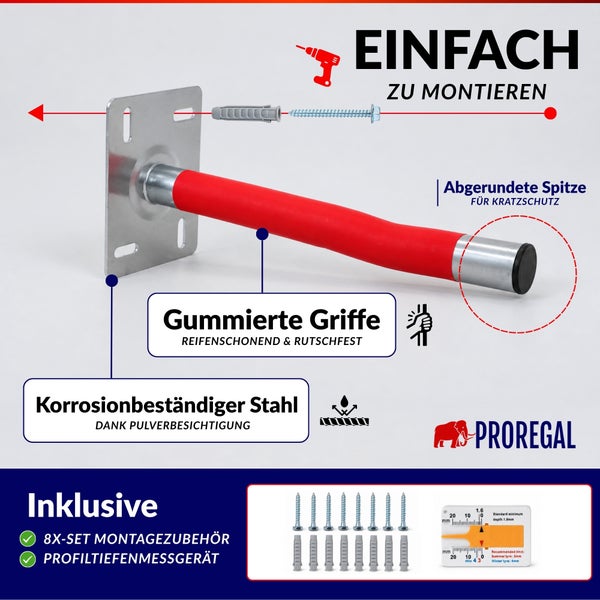Wandreifenhalter aus Stahl mit gummierter Oberfläche für Kratzschutz inklusive Montagematerial und Profiltiefenmesser von Proregal.